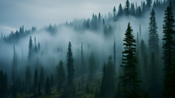神秘迷雾中的高大松树摄影图片