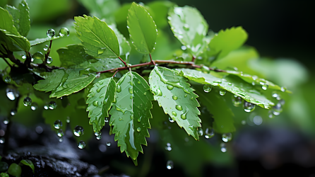 绿叶在雨水中摄影图