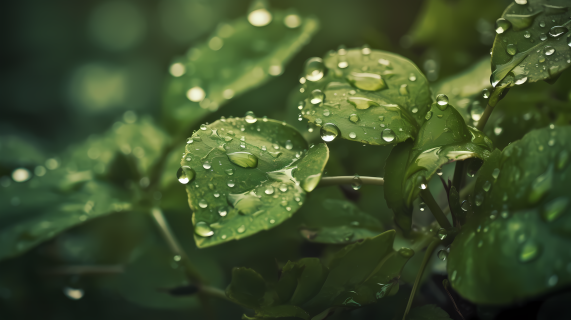 雨滴与绿色植被的魅力摄影图