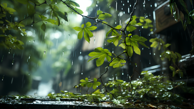 雨滴覆盖的树叶摄影图