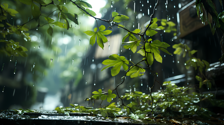 雨滴覆盖的树叶摄影图版权图片下载