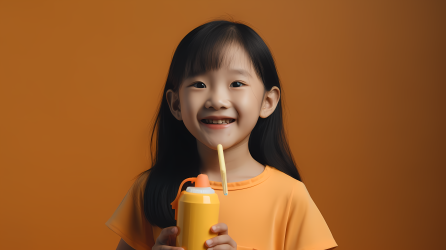黄衬衫的小女孩杯子的摄影图片