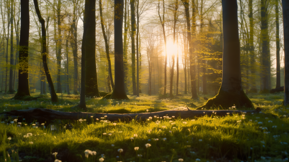 日出时分阳光穿过森林的摄影图片