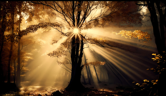 秋林间的树上阳光照射摄影图片