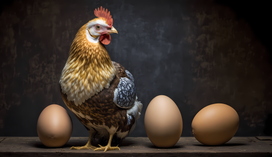三个蛋旁边的母鸡摄影图