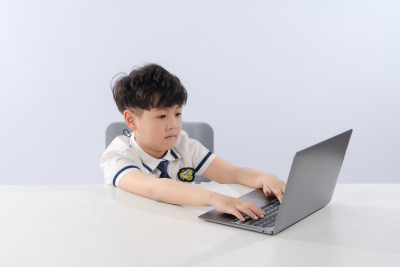 在用电脑学习的小男生实拍图