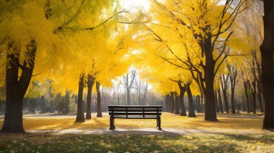 秋天的公园长椅下的落叶树摄影图