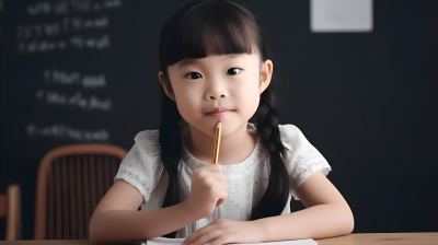 亚洲女孩在黑板前拿着铅笔的摄影图片