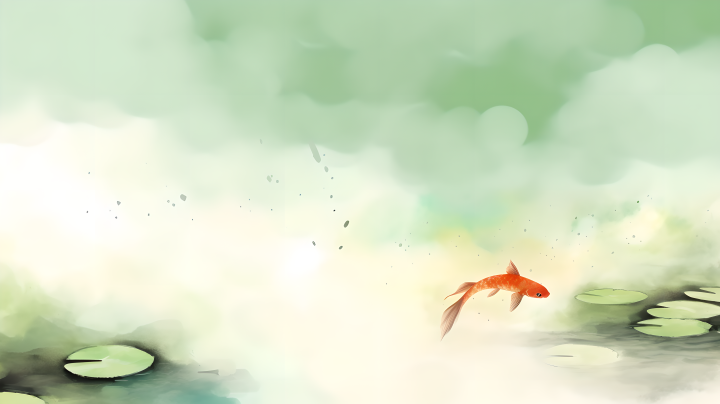 水墨画飘逸池塘中游的锦鲤高清图版权图片下载