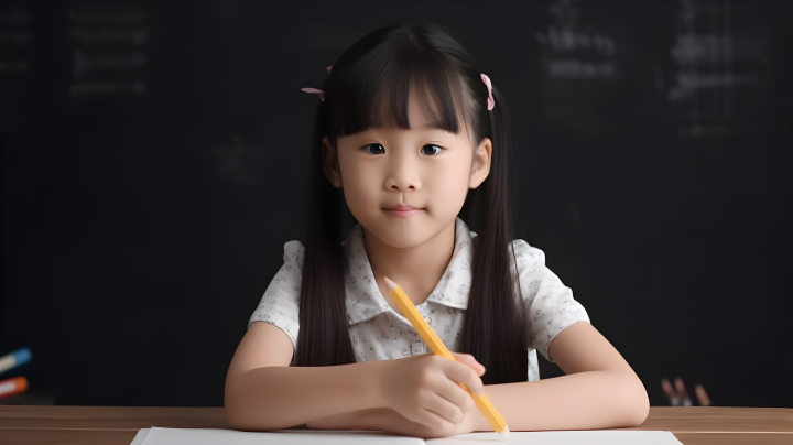 亚洲女孩坐在黑板前拿着铅笔的摄影版权图片下载