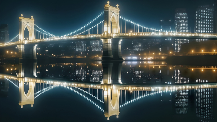 夜晚城市桥梁水面下灯光映照超高清摄影图版权图片下载