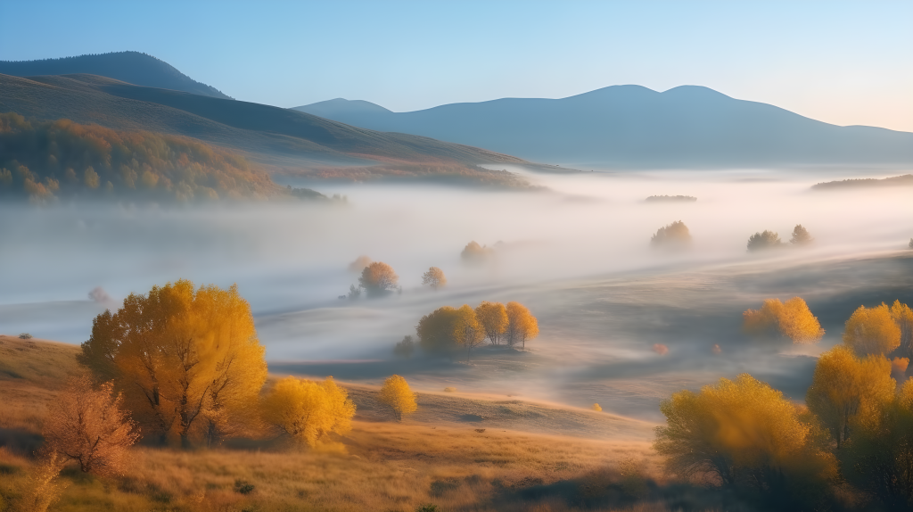 雾霭中的秋天山丘摄影图片