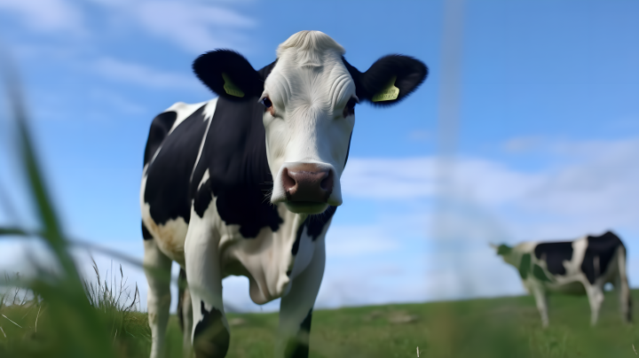 草地上的黑白奶牛摄影版权图片下载