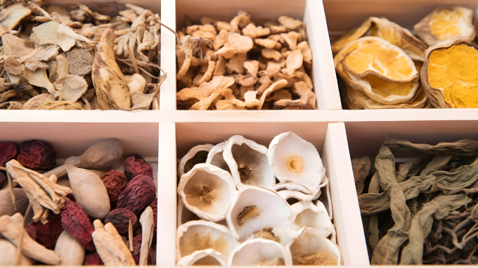 木质箱中的有机干燥药材图