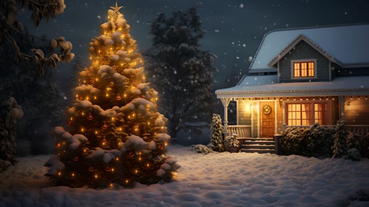 冬天雪景圣诞树摄影图版权图片下载