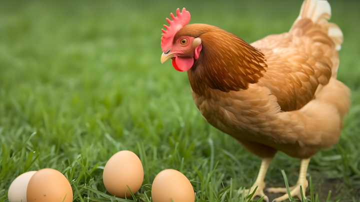 母鸡站在青草上的摄影版权图片下载