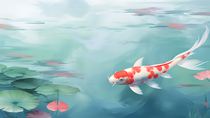 池塘中游动的锦鲤艺术绘画高清图版权图片下载