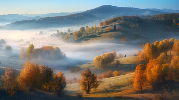 秋天的雾覆盖的山丘摄影图片