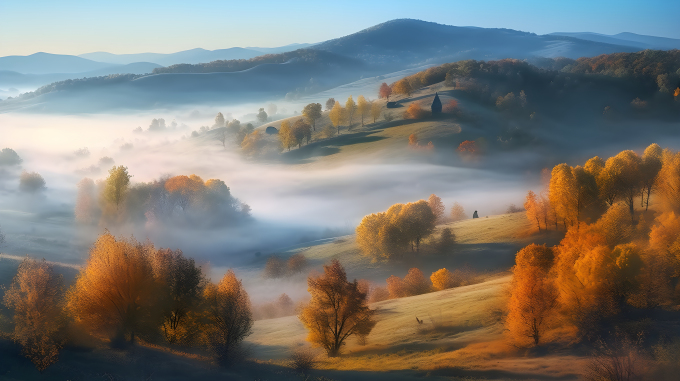 秋天的雾覆盖的山丘摄影图片