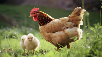 绿草外的母鸡与小鸡摄影图片