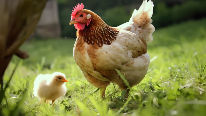 绿草外的母鸡和小鸡摄影版权图片下载