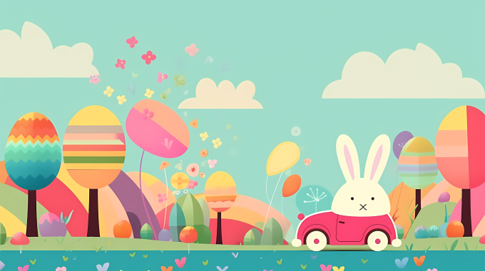 复活节兔子带着彩蛋在路上飞行的图片