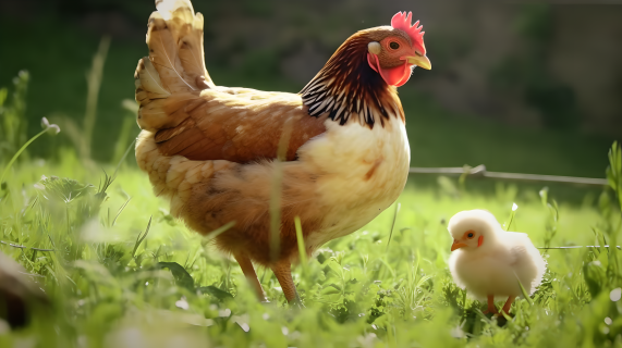 绿草外的母鸡和小鸡摄影图片