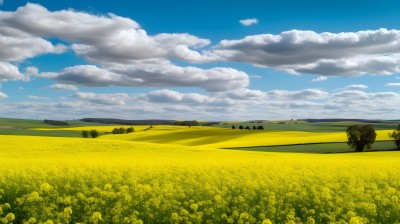 金黄绿野菜田与白色蓝色和黄色云朵的摄影图片