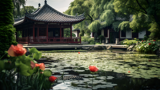 风情水岸中国花园摄影图片