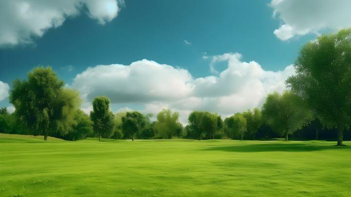 美丽的绿草地和蓝天白云的摄影版权图片下载