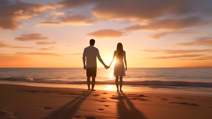 浪漫沙滩看日落的情侣图版权图片下载