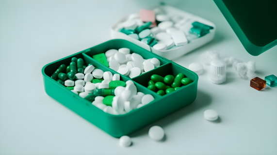 白绿搭配的药盒摄影图片