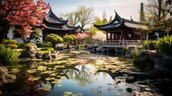 水与花的中国园林摄影图片