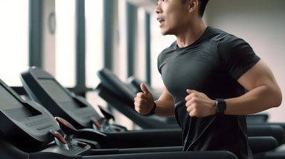健身男子在体育馆跑步机上运动的高清摄影图片