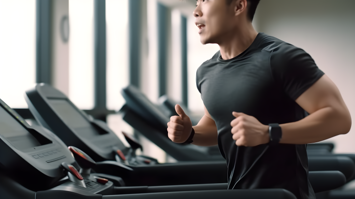 健身男子在体育馆跑步机上运动的高清摄影版权图片下载