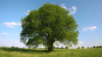 碧绿的田野中一个参天大树的摄影图片