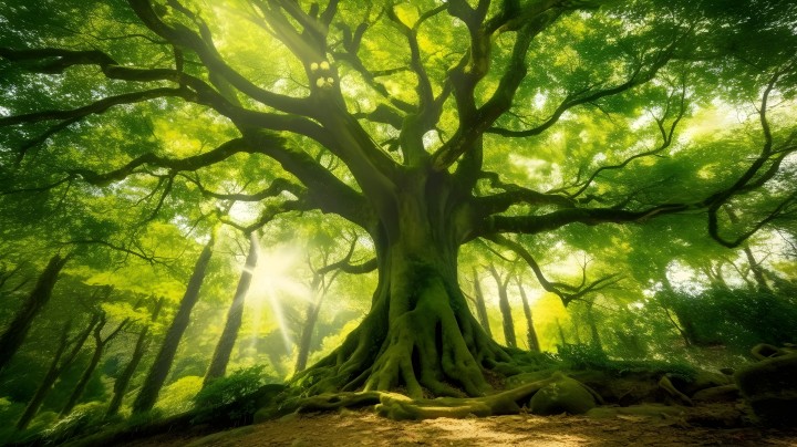 神秘符号风格的森林中的大绿树摄影版权图片下载