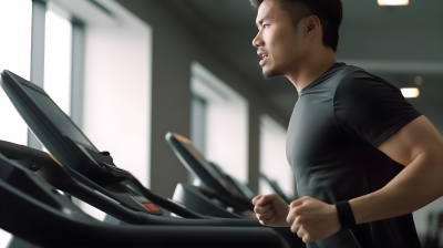亚洲男子在健身房跑步机上摄影图片