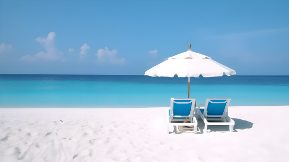 美丽的马尔代夫沙滩椅伞摄影图片