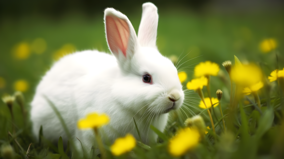 草地上坐着蒲公英的白兔摄影图片
