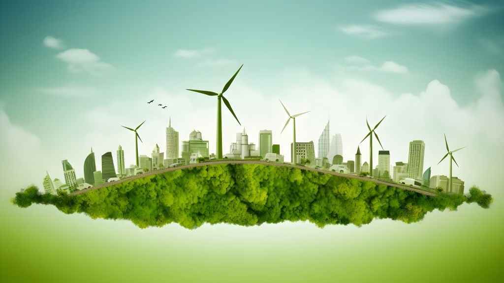 绿色大地上的风车和建筑摄影版权图片下载