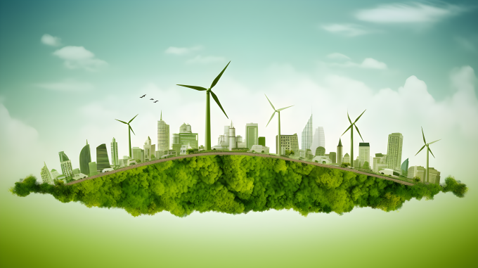 绿色大地上的风车和建筑摄影图片