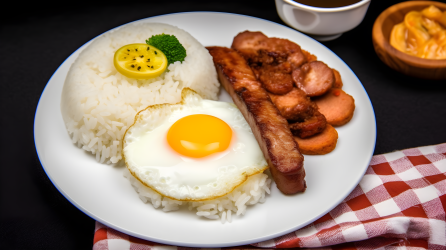 照亮鲜明的大米鸡肉香肠和鸡蛋盘摄影图片