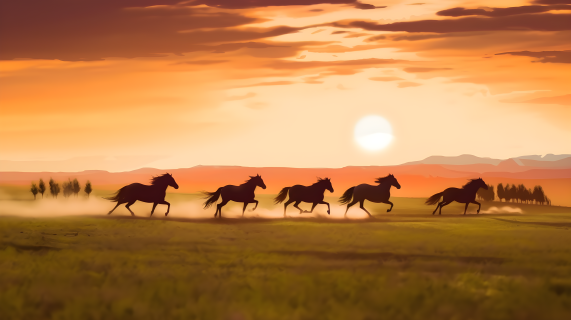 沙漠里日出时马匹奔驰的摄影图片