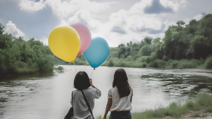 河边的三个朋友手持气球版权图片下载