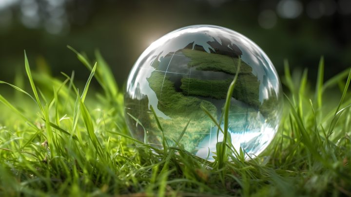 神秘绿草上的清澈玻璃球摄影图版权图片下载