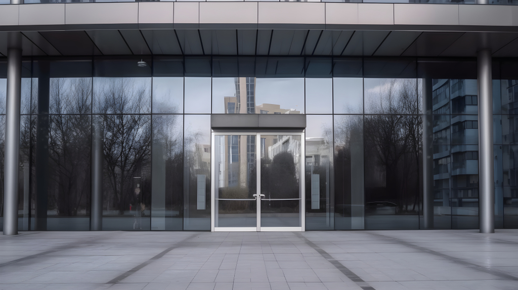 北京东村风格大建筑玻璃门外景摄影图