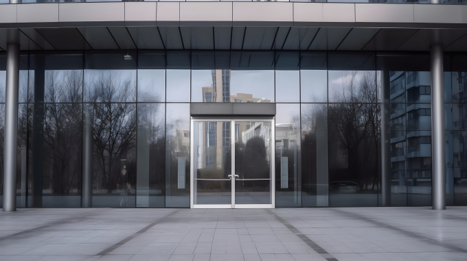 北京东村风格大建筑玻璃门外景摄影图