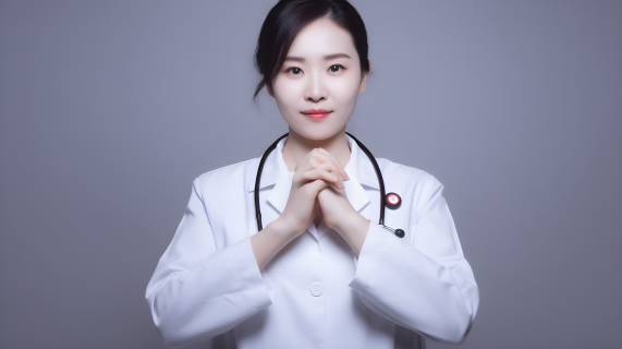 年轻中国女医生制作的心形手势摄影图