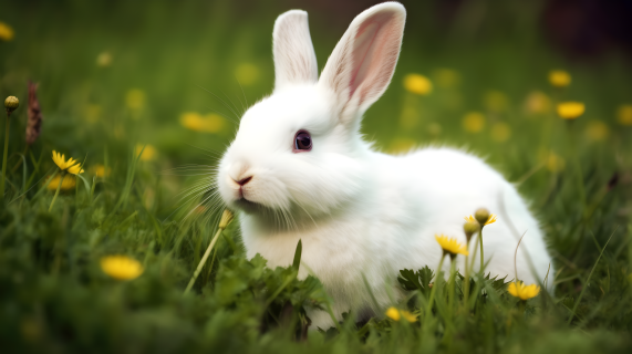 草地里的小白兔与蒲公英 摄影图片